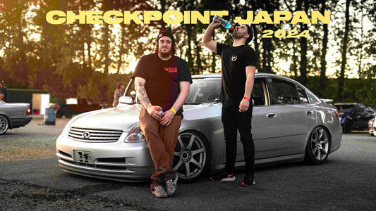 Alex and Dylan from Checkpoint in front of their G35 sedan drift car at Mission Raceway Park.